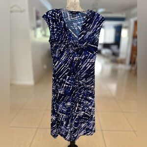 Chaps Blue and White Maxi Dress with V-Neck and Flutter Cap Sleeves